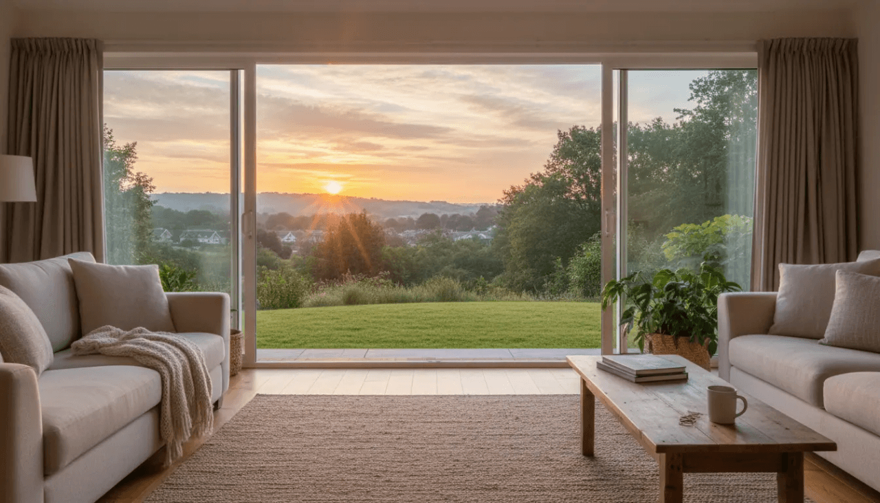 Hangulatos nappali szoba napfelkeltével és kerttel, meleg reggeli fénnyel - otthon biztonsága