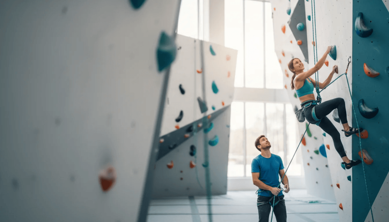 Falmászó mászócipőben kapaszkodik a fal fogásaiba