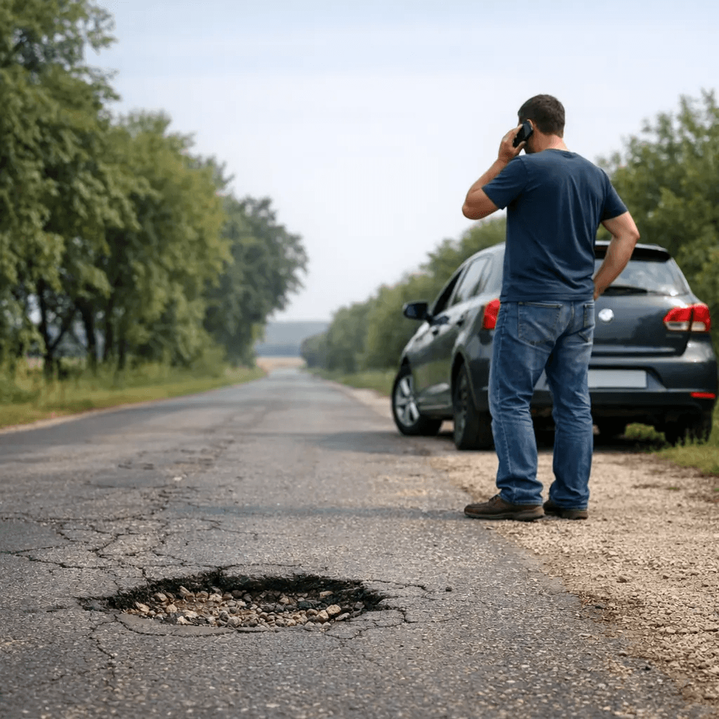 Autó kátyú mellett az úton, futómű és gumi sérülés illusztrálva
