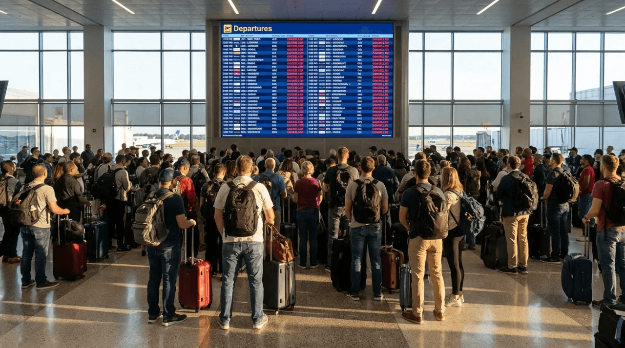 Repülőtéri csarnok törölt járatokkal a közel-keleti válság idején