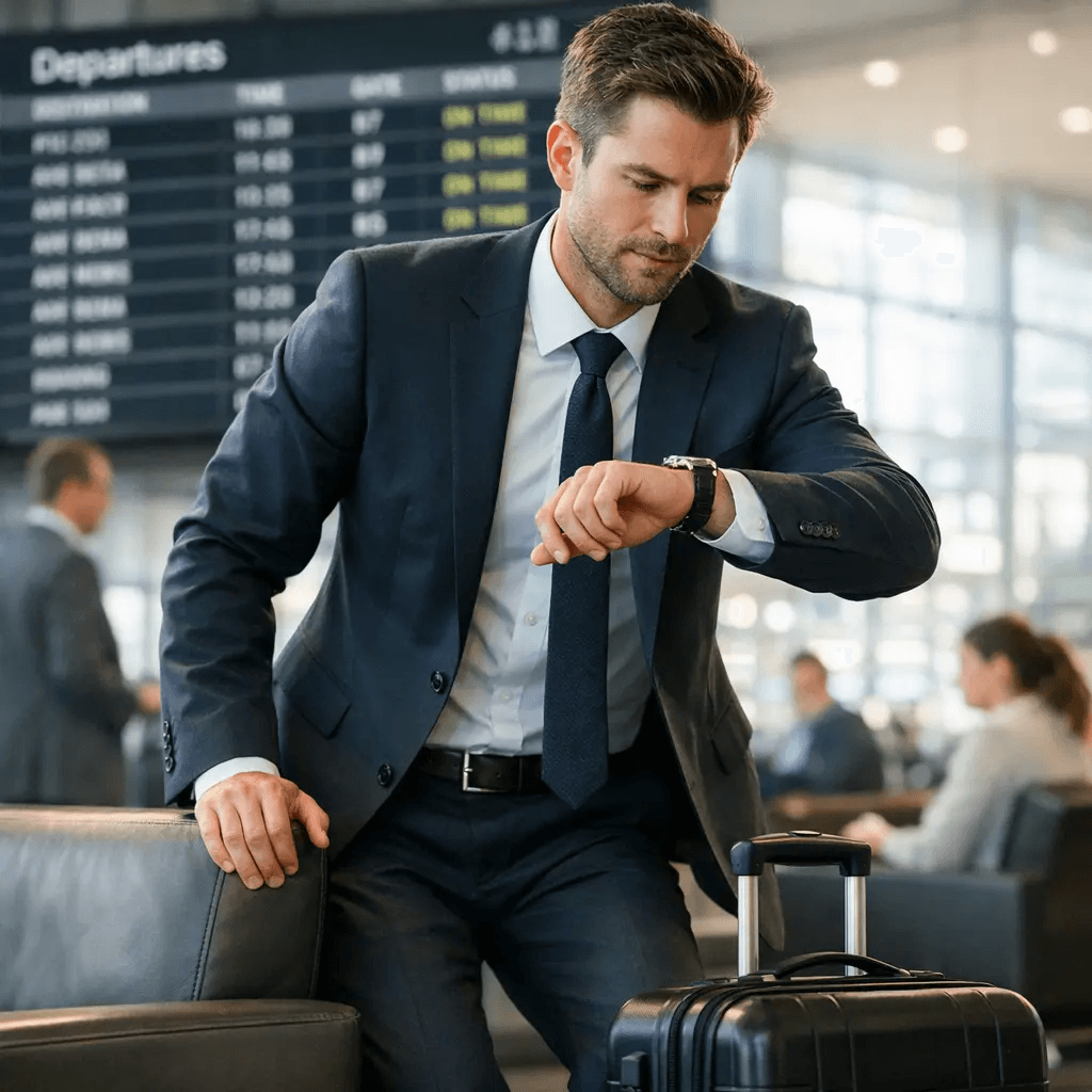 Üzleti utazó a repülőtér várótermében, gördíthető bőrönddel