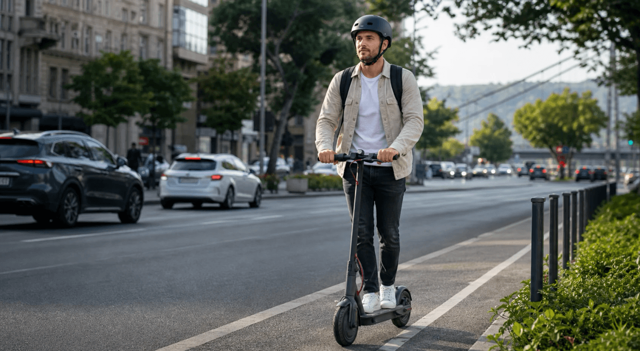 Bukosisakos fiatal elektromos rollerrel halad budapesti városi környezetben